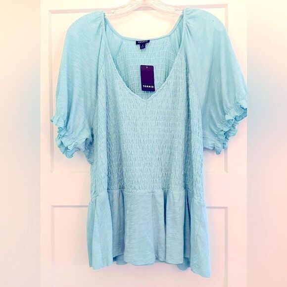 Torrid Cotton Modal Slub Smocked Short Sleeve Babydoll - Canal Blue - Picture 2 of 7